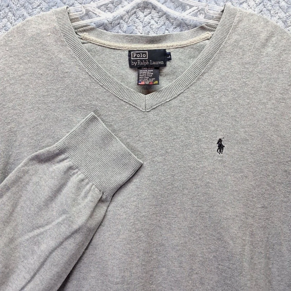 Vintage Polo Ralph Lauren Mens V-Neck Sweater Gray Cashmere Blend Large USA Made